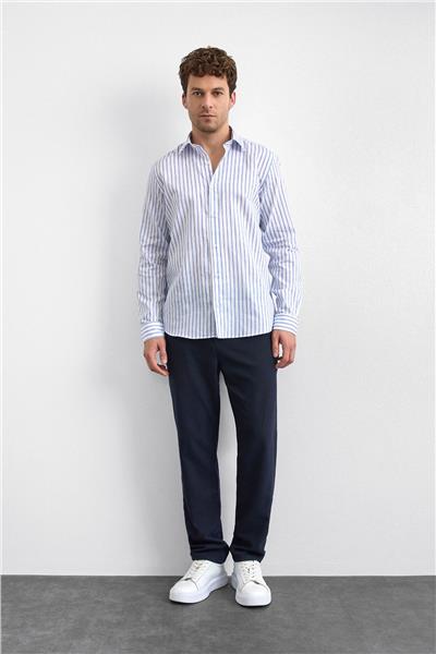 Mavi Çizgili Normal Yaka Gömlek