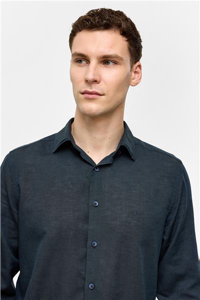 Lacivert Uzun Kollu Dokuma Gömlek