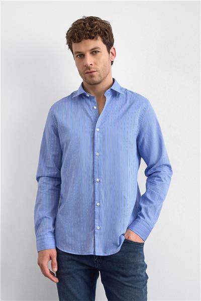 Mavi Normal Yaka Çizgili Gömlek