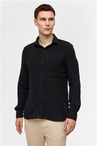 Siyah Regular Fit Uzun Kollu Düz Gömlek