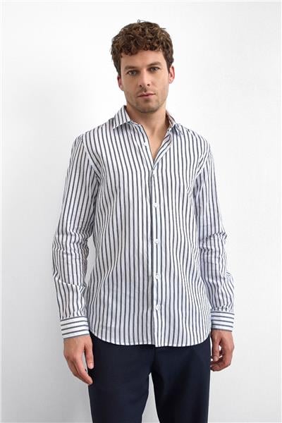 Lacivert Çizgili Normal Yaka Gömlek