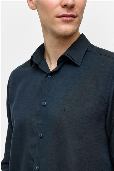 Lacivert Uzun Kollu Dokuma Gömlek