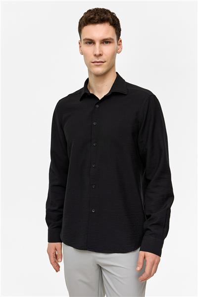 Siyah Regular Fit Uzun Kollu Düz Gömlek