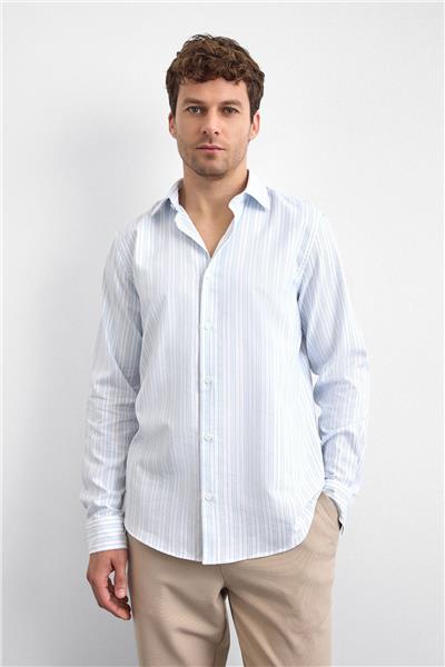Mavi Çizgili Normal Yaka  Gömlek