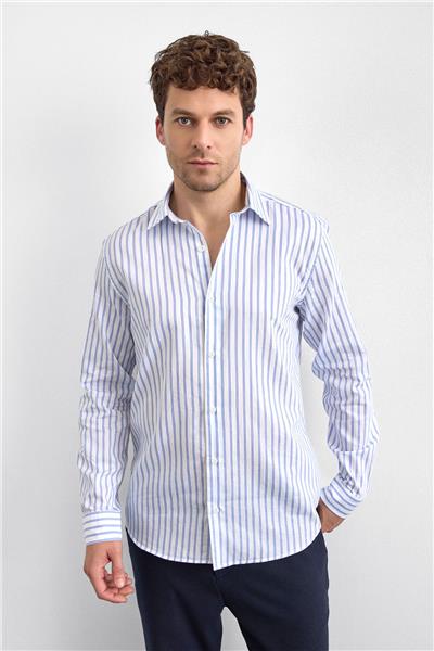 Mavi Çizgili Normal Yaka Gömlek