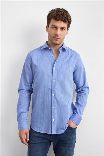 Mavi Normal Yaka Çizgili Gömlek