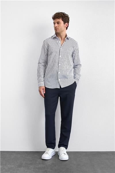 Lacivert Çizgili Normal Yaka Gömlek