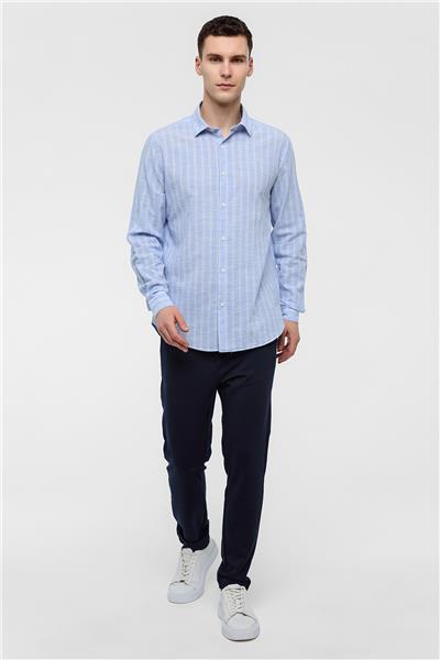 Mavi Regular Fit Çizgili Uzun Kollu Gömlek