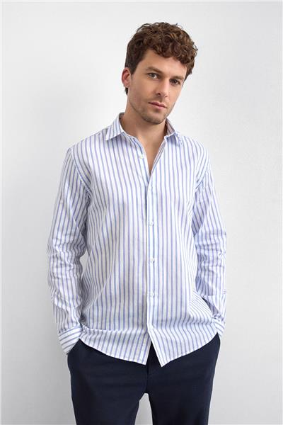 Mavi Çizgili Normal Yaka Gömlek