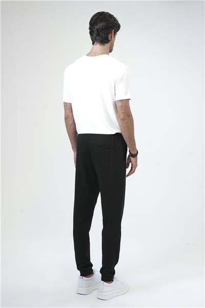 Siyah Regular Fit Pamuklu Beli Bağlamalı Jogger Pantolon
