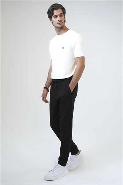 Siyah Regular Fit Pamuklu Beli Bağlamalı Jogger Pantolon
