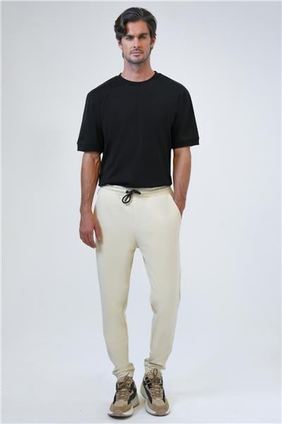 Bej Regular Fit Pamuklu Beli Bağcıklı Jogger Pantolon