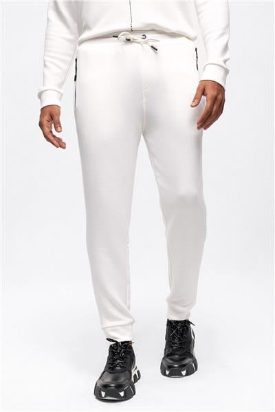 Beyaz Regular Fit Beli Bağcıklı Jogger Pantolon