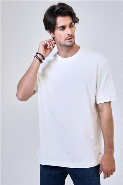 Beyaz Relaxed Fit %100 Pamuk Kısa Kollu Bisiklet Yaka Sweatshirt