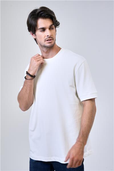 Beyaz Relaxed Fit %100 Pamuk Kısa Kollu Bisiklet Yaka Sweatshirt