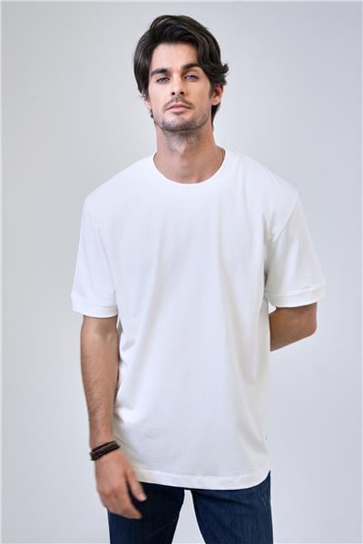 Beyaz Relaxed Fit %100 Pamuk Kısa Kollu Bisiklet Yaka Sweatshirt