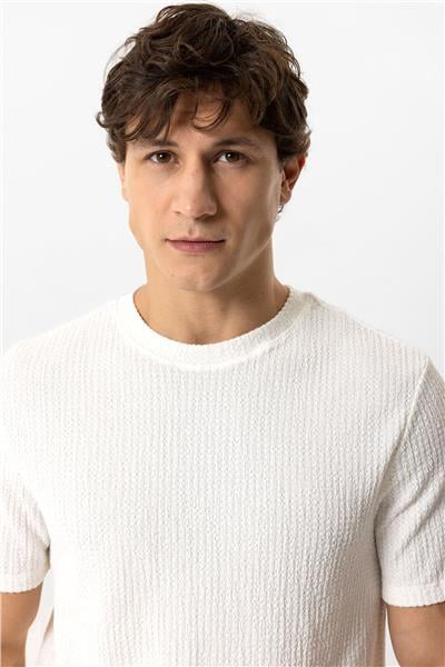 Ekru Regular Fit Yünlü Bisiklet Yaka Örme Tişört