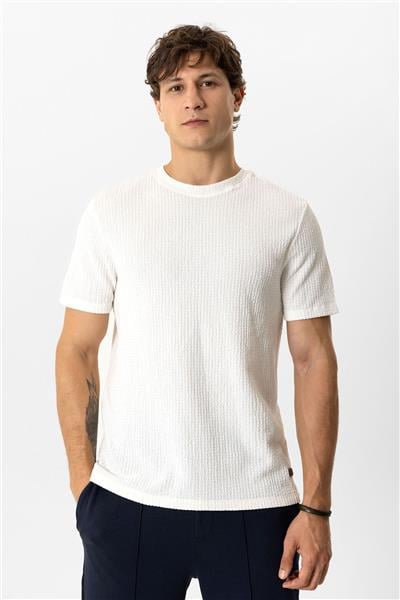 Ekru Regular Fit Yünlü Bisiklet Yaka Örme Tişört