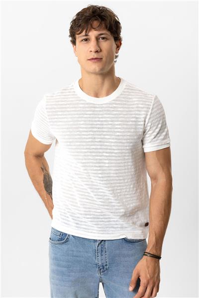 Beyaz Regular Fit Bisiklet Yaka Çizgili Tişört