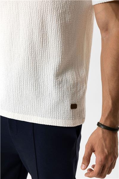 Ekru Regular Fit Yünlü Bisiklet Yaka Örme Tişört