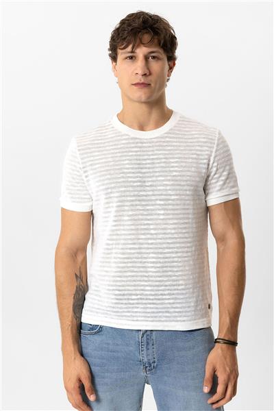 Beyaz Regular Fit Bisiklet Yaka Çizgili Tişört