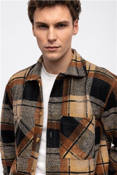 Kahverengi Oversize Yünlü Fit Oduncu Gömlek