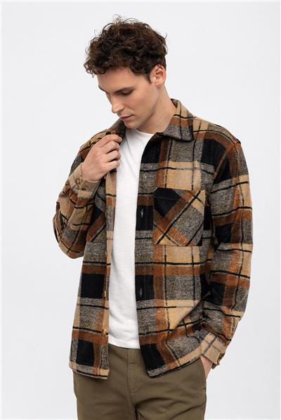 Kahverengi Oversize Yünlü Fit Oduncu Gömlek