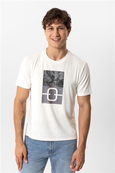 Beyaz Regular Fit Bisiklet Yaka Baskılı Tişört