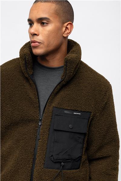 Haki Comfort Fit Dolgulu Dik Yaka Peluş Mont