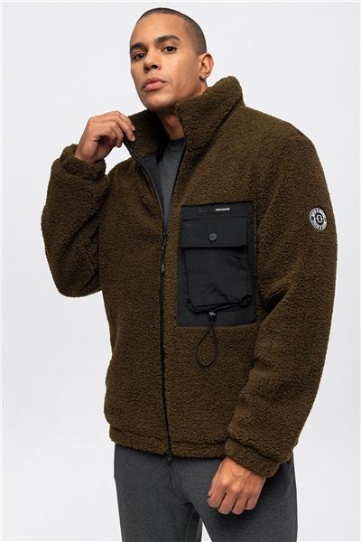 Haki Comfort Fit Dolgulu Dik Yaka Peluş Mont