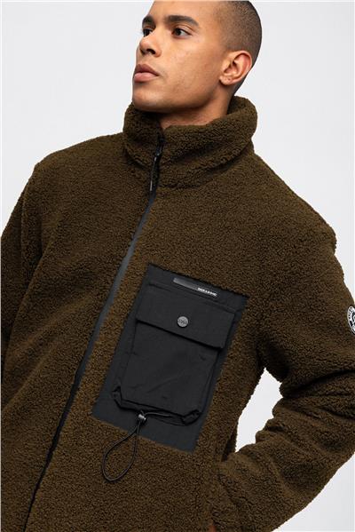 Haki Comfort Fit Dolgulu Dik Yaka Peluş Mont