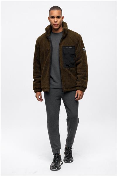 Haki Comfort Fit Dolgulu Dik Yaka Peluş Mont