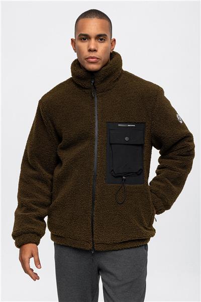 Haki Comfort Fit Dolgulu Dik Yaka Peluş Mont