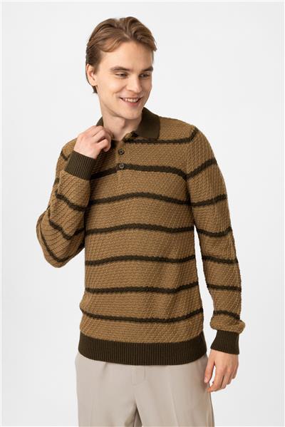 Bej Regular Fit Çizgili Yünlü Polo Yaka Triko Kazak