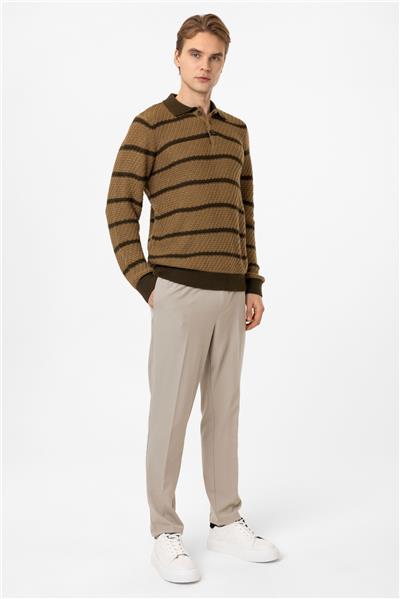 Bej Regular Fit Çizgili Yünlü Polo Yaka Triko Kazak
