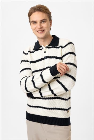 Beyaz Regular Fit Çizgili Yünlü Polo Yaka Triko Kazak