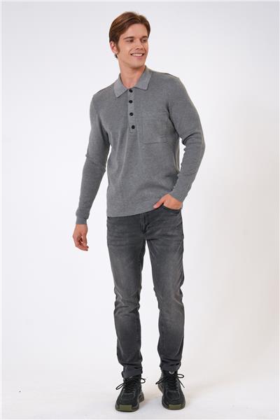 Gri Regular Fit Polo Yaka Cepli Triko
