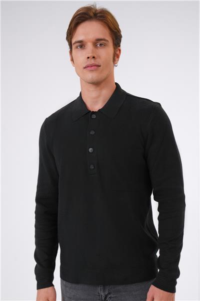 Siyah Regular Fit Polo Yaka Cepli Triko