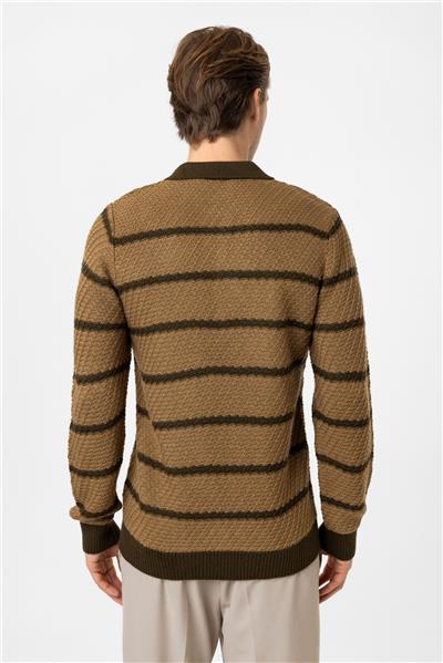 Bej Regular Fit Çizgili Yünlü Polo Yaka Triko Kazak