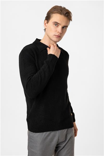 Siyah Regular Fit Çizgili Polo Yaka Triko Kazak