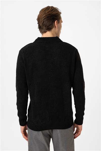 Siyah Regular Fit Çizgili Polo Yaka Triko Kazak