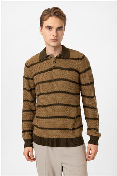 Bej Regular Fit Çizgili Yünlü Polo Yaka Triko Kazak