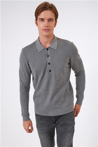 Gri Regular Fit Polo Yaka Cepli Triko
