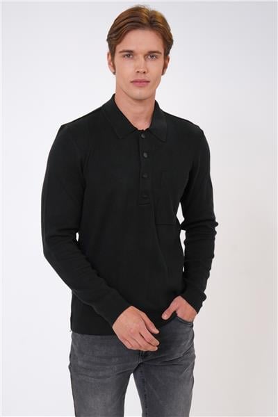 Siyah Regular Fit Polo Yaka Cepli Triko