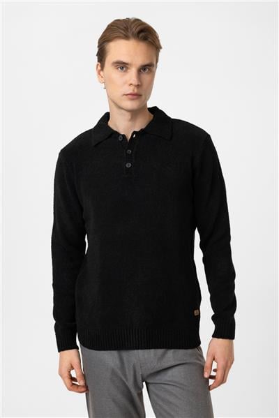 Siyah Regular Fit Çizgili Polo Yaka Triko Kazak