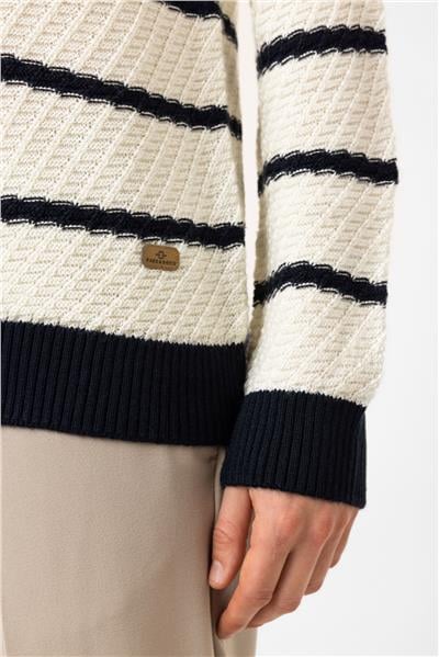 Beyaz Regular Fit Çizgili Yünlü Polo Yaka Triko Kazak