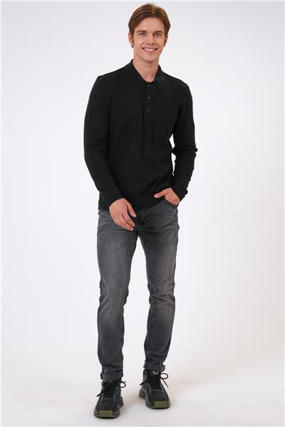 Siyah Regular Fit Polo Yaka Cepli Triko