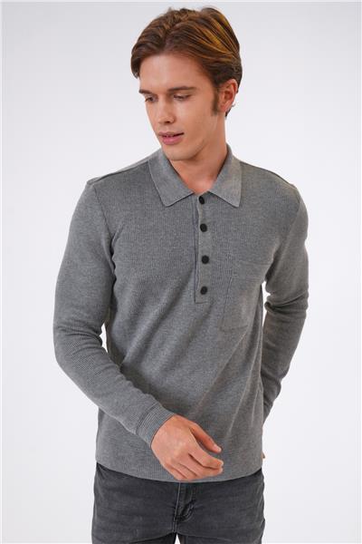 Gri Regular Fit Polo Yaka Cepli Triko
