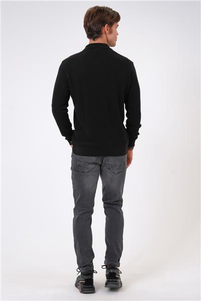 Siyah Regular Fit Jakarlı Pamuklu Polo Yaka Triko