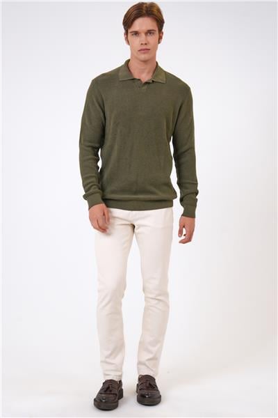 Haki Regular Fit Jakarlı Pamuklu Polo Yaka Triko
